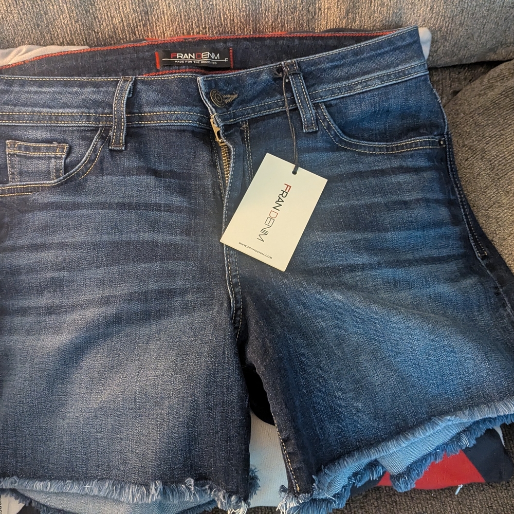 Blue Jean Shorts with Raw Hem and Faded Look